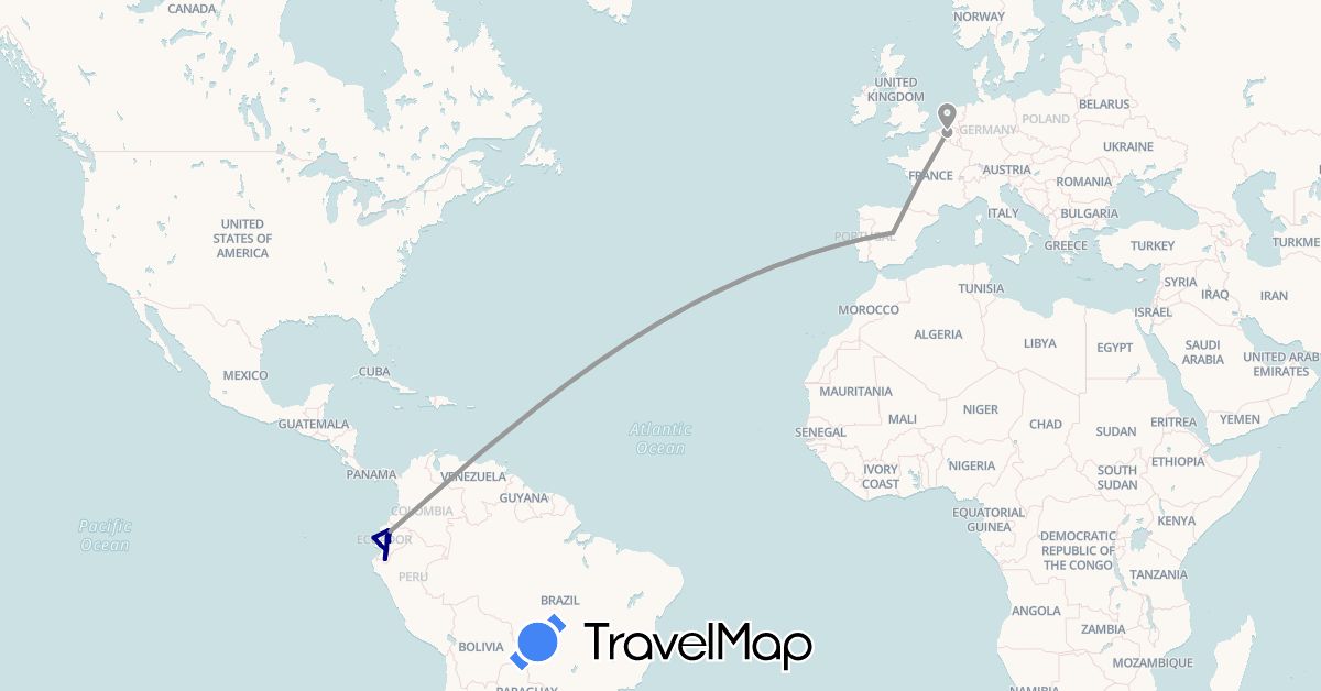 TravelMap itinerary: driving, plane in Belgium, Ecuador, Spain (Europe, South America)